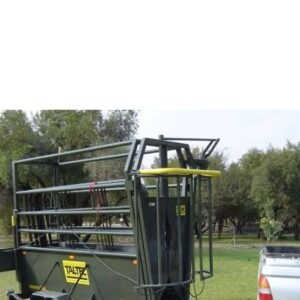 Mobile crush and neck clamp on wheels with guillotine gate for cattle handling
