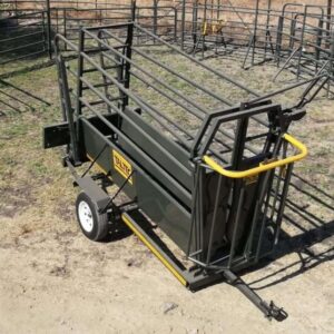 Mobile work and load trailer with neck clamp and guillotine gate for cattle handling